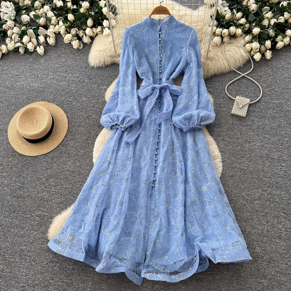 French romantic stand collar lantern sleeve lace dress - women's slimming a-line maxi dress with elegant mesh detail