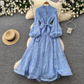 French romantic stand collar lantern sleeve lace dress - women's slimming a-line maxi dress with elegant mesh detail