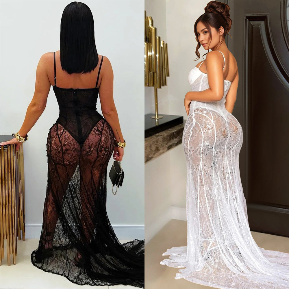 C7520 cross-border   fashion women's sexy lace-trimmed see-through slip dress