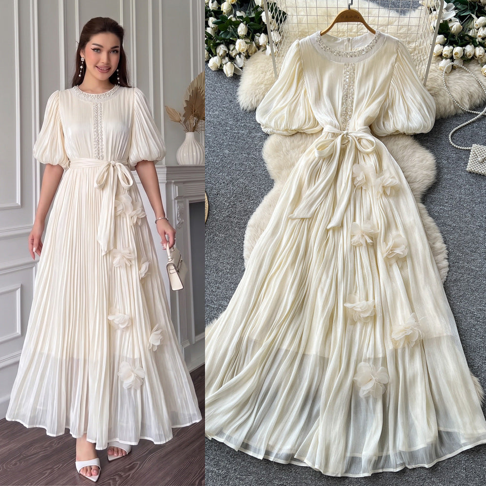French heavy industry diamond-encrusted red pleateddress women's summerk-style waist slimming lookelegant thousand gold style long skirt