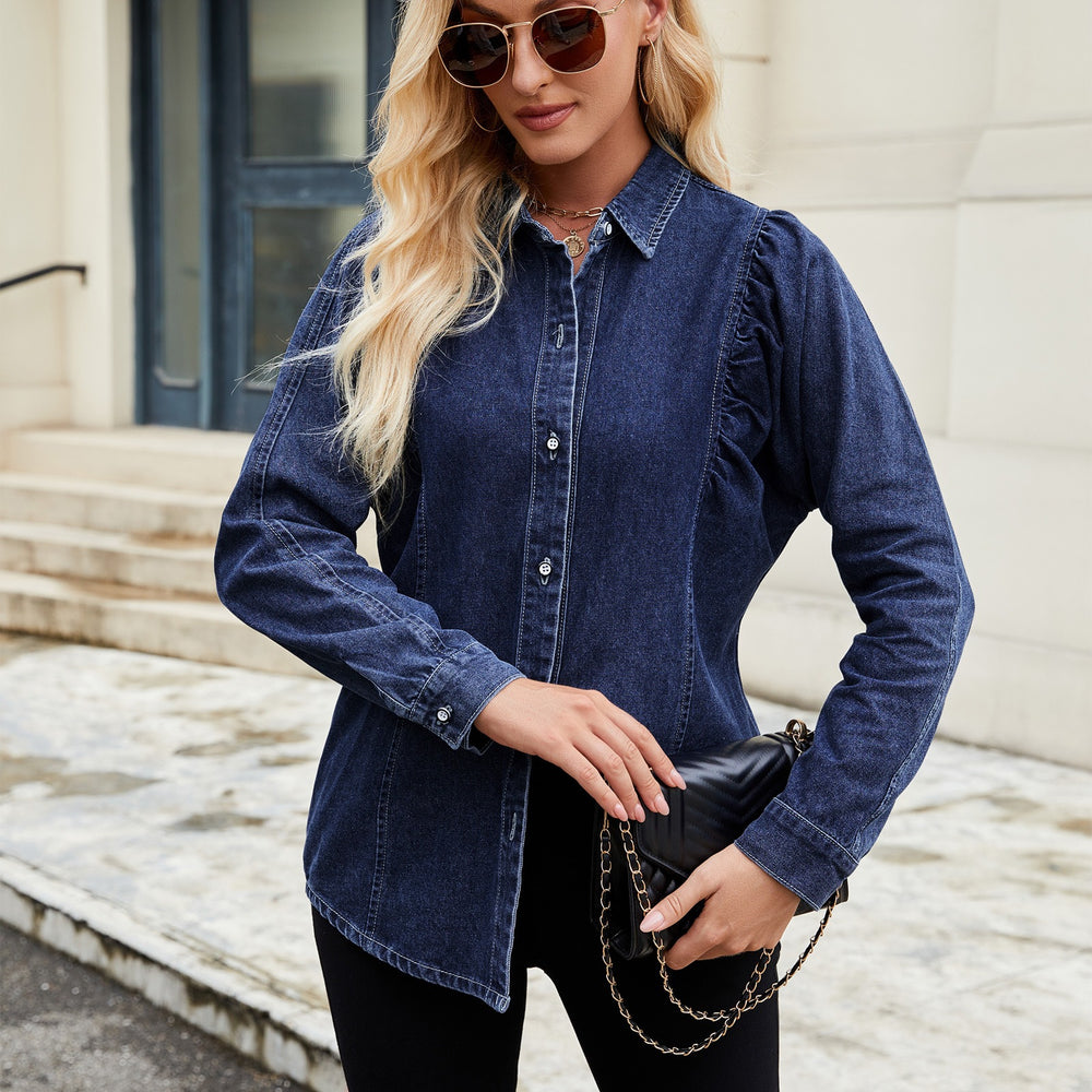 European and american cross-border foreign trade women's spring and summer new  independent station washed shrug denim long-sleeved shirt tops