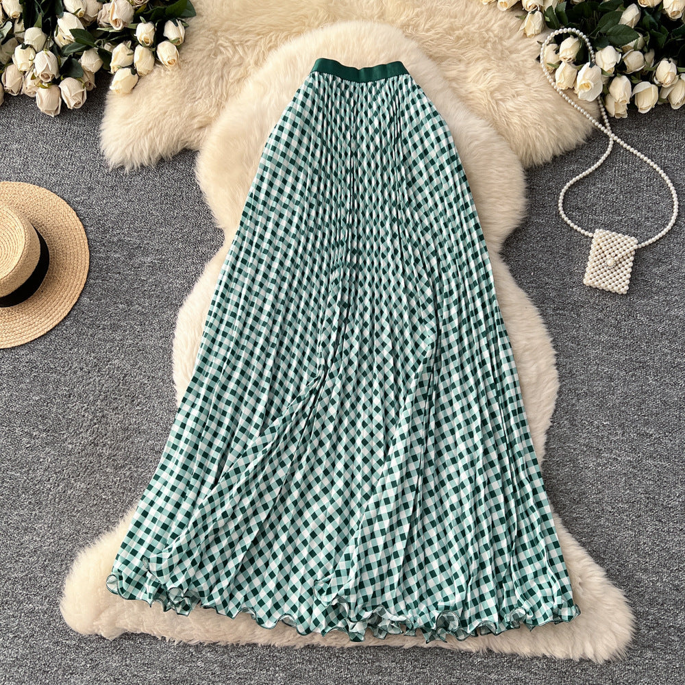 new arrivalgrids pattern patchwork a-line skirt women's high waistslimming lookelegantpleated long skirtwork clothinggrids skirt