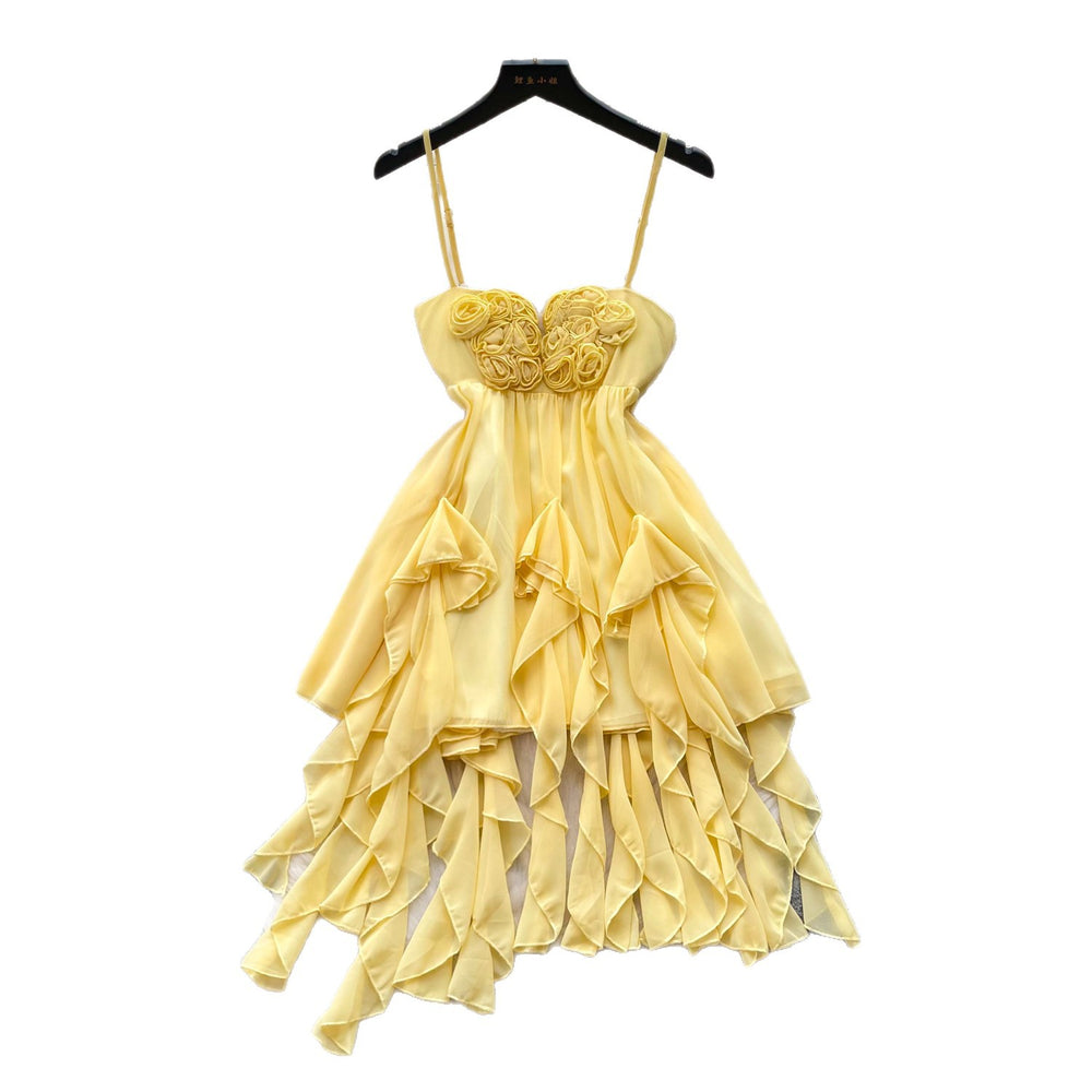 French yellow camisole dress - sweet & sultry style - women's summer irregular tiered cake dress with ruffle hem - vacation dress with a touch of luxury