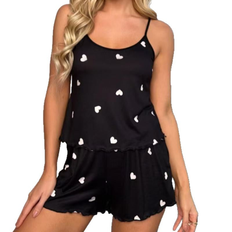 Summer women's pajamas two-piece set camisole and shorts loungewear european and american style printed sleepwear set