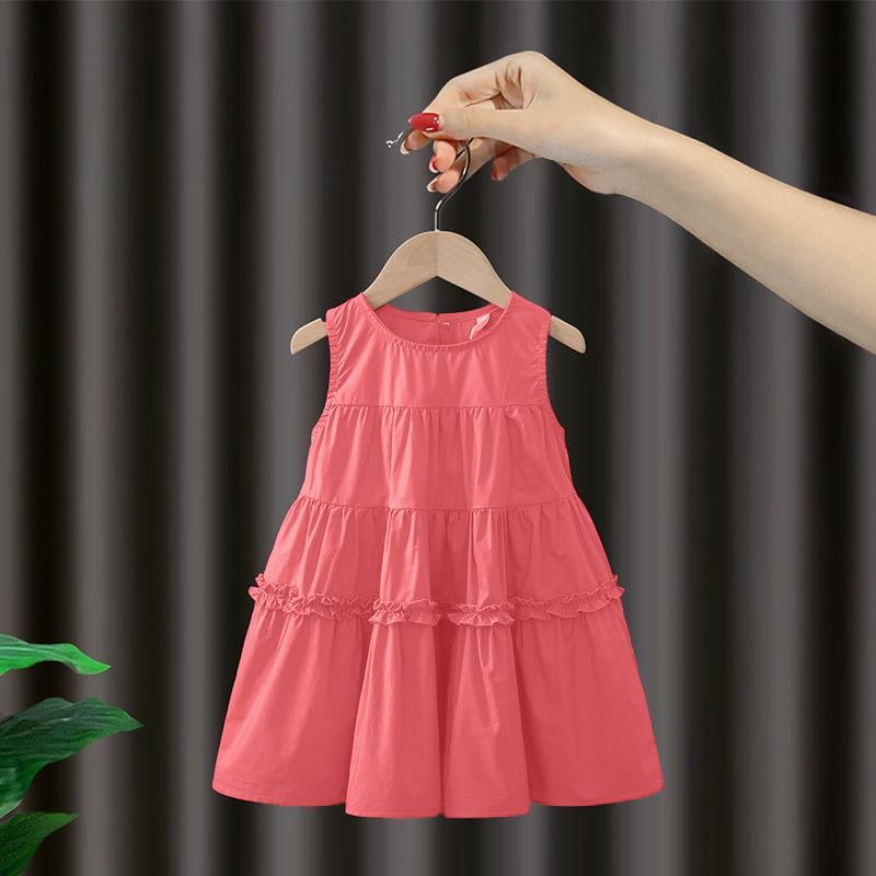 Girls'  summer new sleeveless solid color dress, stylish mid-length cotton princess dress, korean style