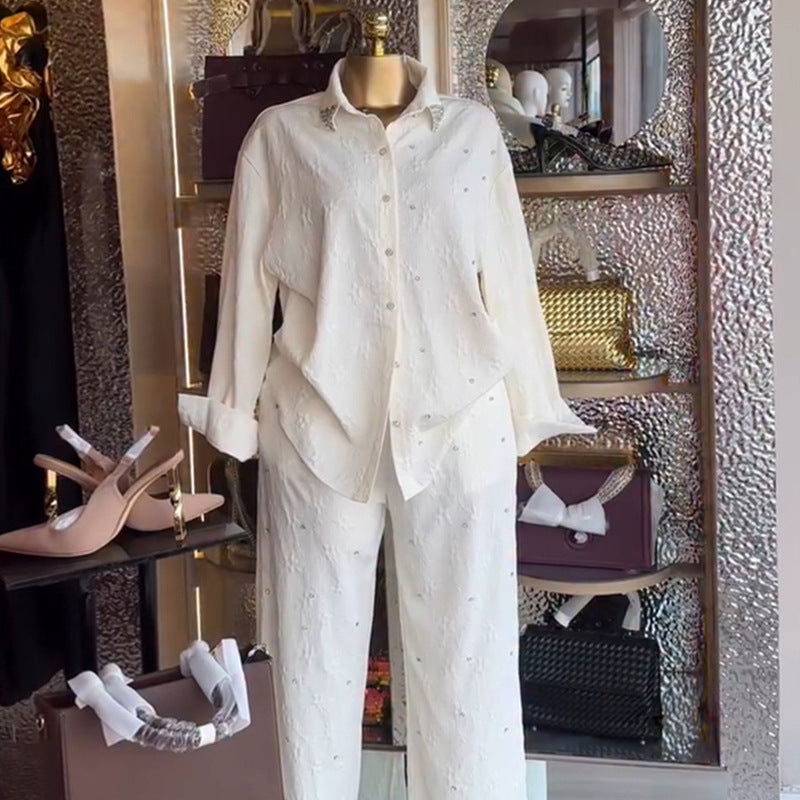 European and american cross-border women's fashion:  autumn new collection - stylish turn-down collar, rhinestone-embellished long sleeve blouse and wide-leg trousers casual set