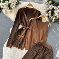 European and american chic casual set: women's shawl cardigan + v-neck knit top + wide-leg pants three-piece outfit