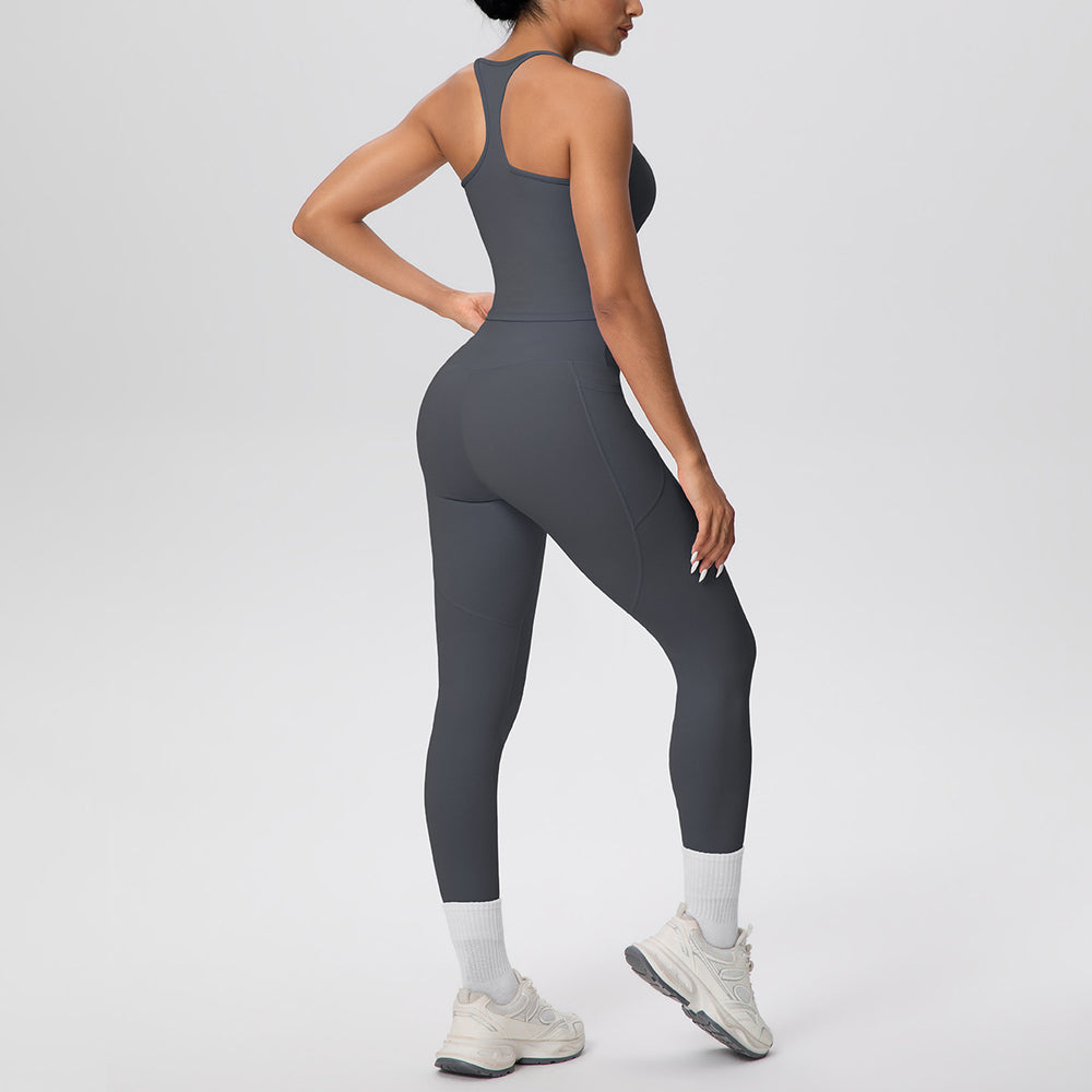 New arrival cross-border brushed back tight i-shaped back flap pocket pants yoga suit sports running fitness two-piece set