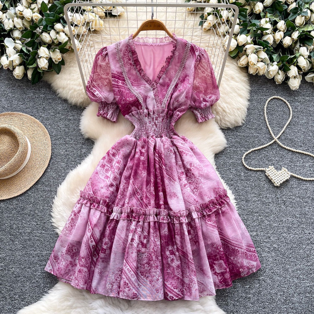 French romantic v-neck lantern sleeve ruffle print dress - women's summer slimming a-line fairy dress
