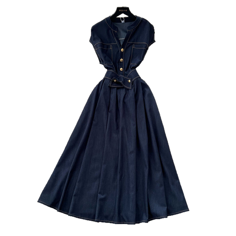 Frenchretrov neck metal buckle topstitch waist elegant sleeveless dress women's summer slimming lookelegance denim long skirt