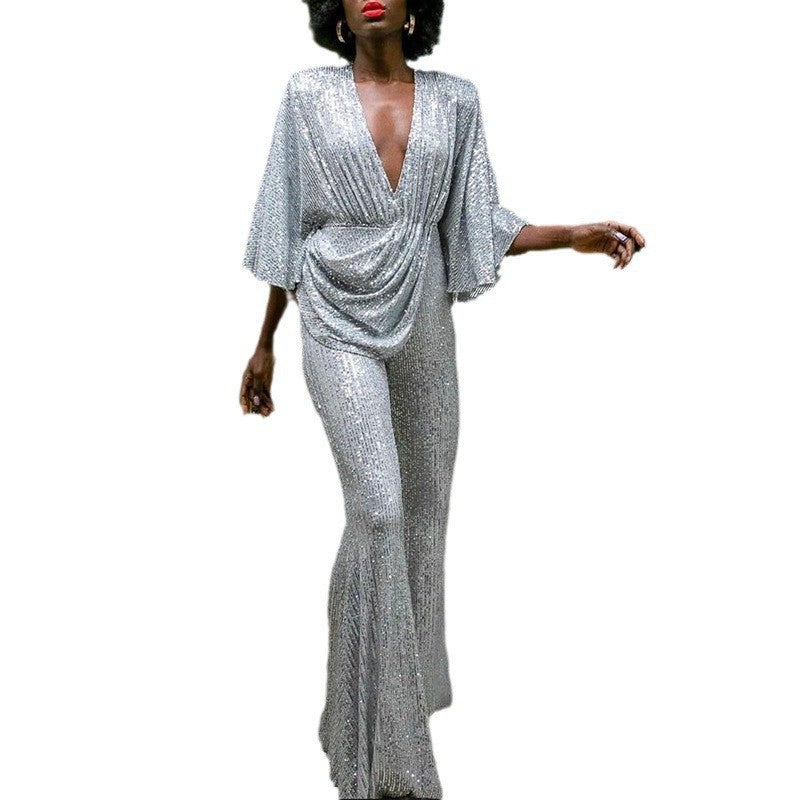 european and american new women's fashion: sequin sexy deep v backless jumpsuit pants - direct sales for  &