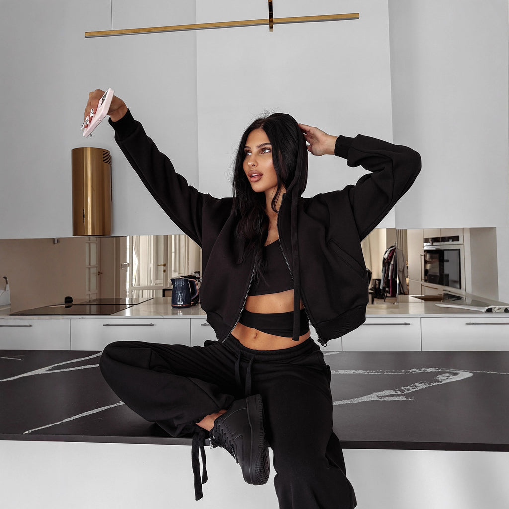 European and American  sports suit long-sleeved zipper cardigan hooded sweater lace-up trousers two-piece set