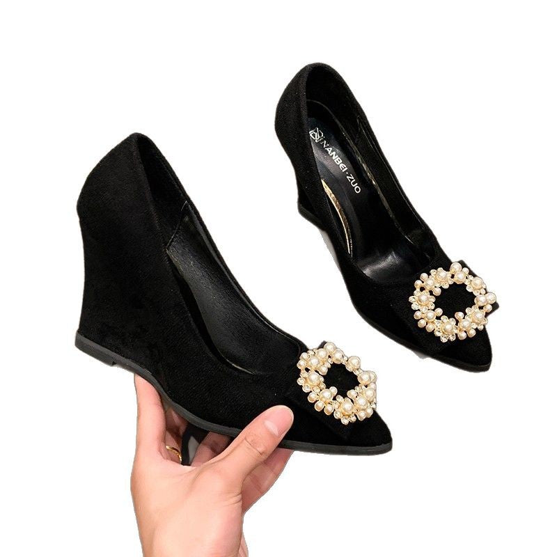 Plus size wedge heel single shoes for women, 2025 spring/autumn new collection, pearl black pointed toe high heels, women's suede fashion shoes