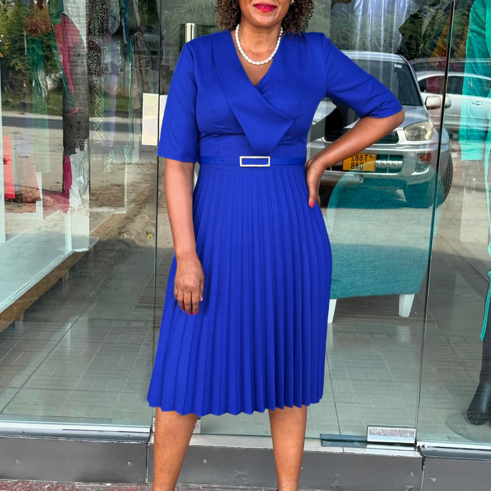 Q117  plus size women's clothing  summer new fashion solid color elegant v-neck pleated african dress