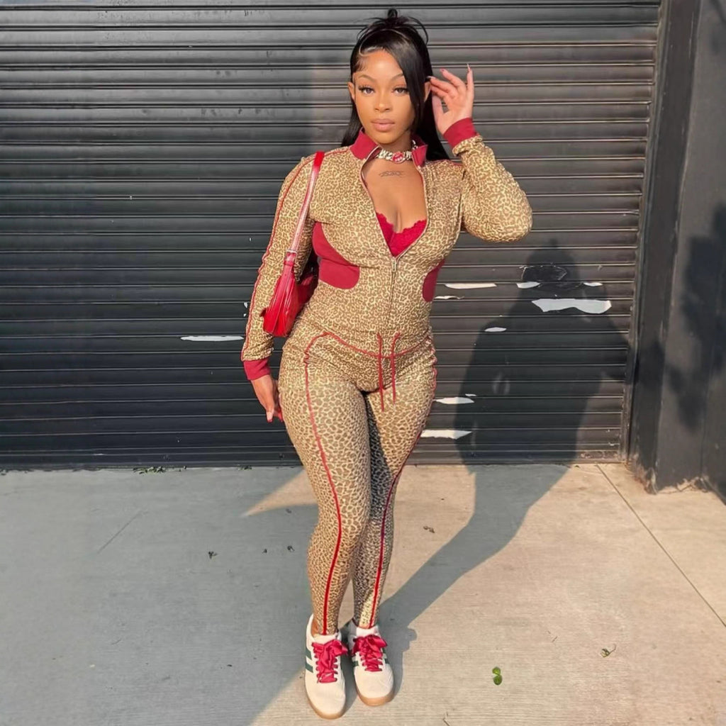 Europe and the United States  2025 new women's clothing leopard print contrasting color long-sleeved zipper cardigan drawstring trousers two-piece set