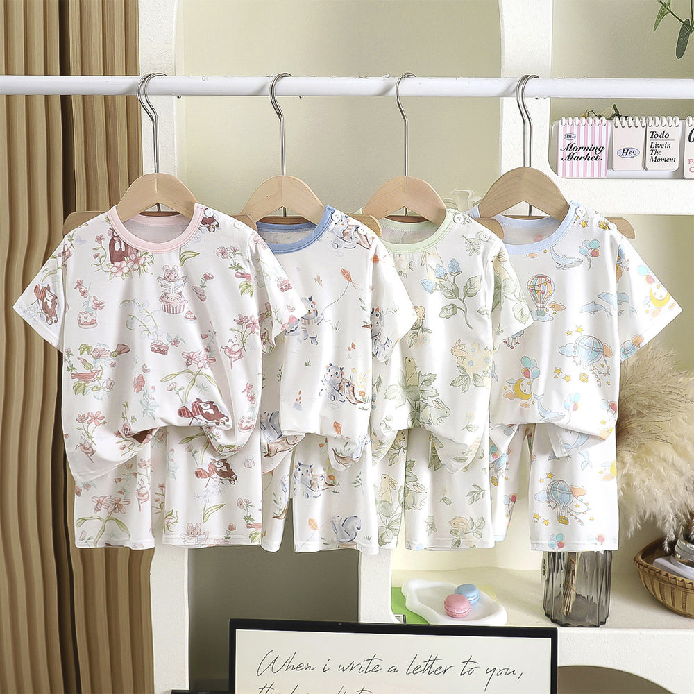 Yishimei summer new arrivalkids men's and women's small and medium-sized children's category a boneless tencel lyocell short-sleeved home clothes set