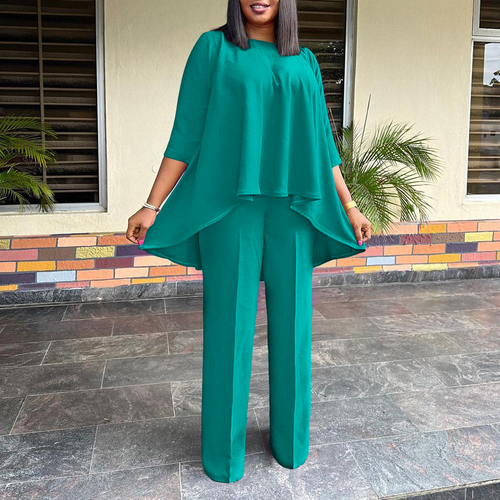 Amazon fashion women's plus size irregular top and wide leg pants set - european and american style two-piece outfit