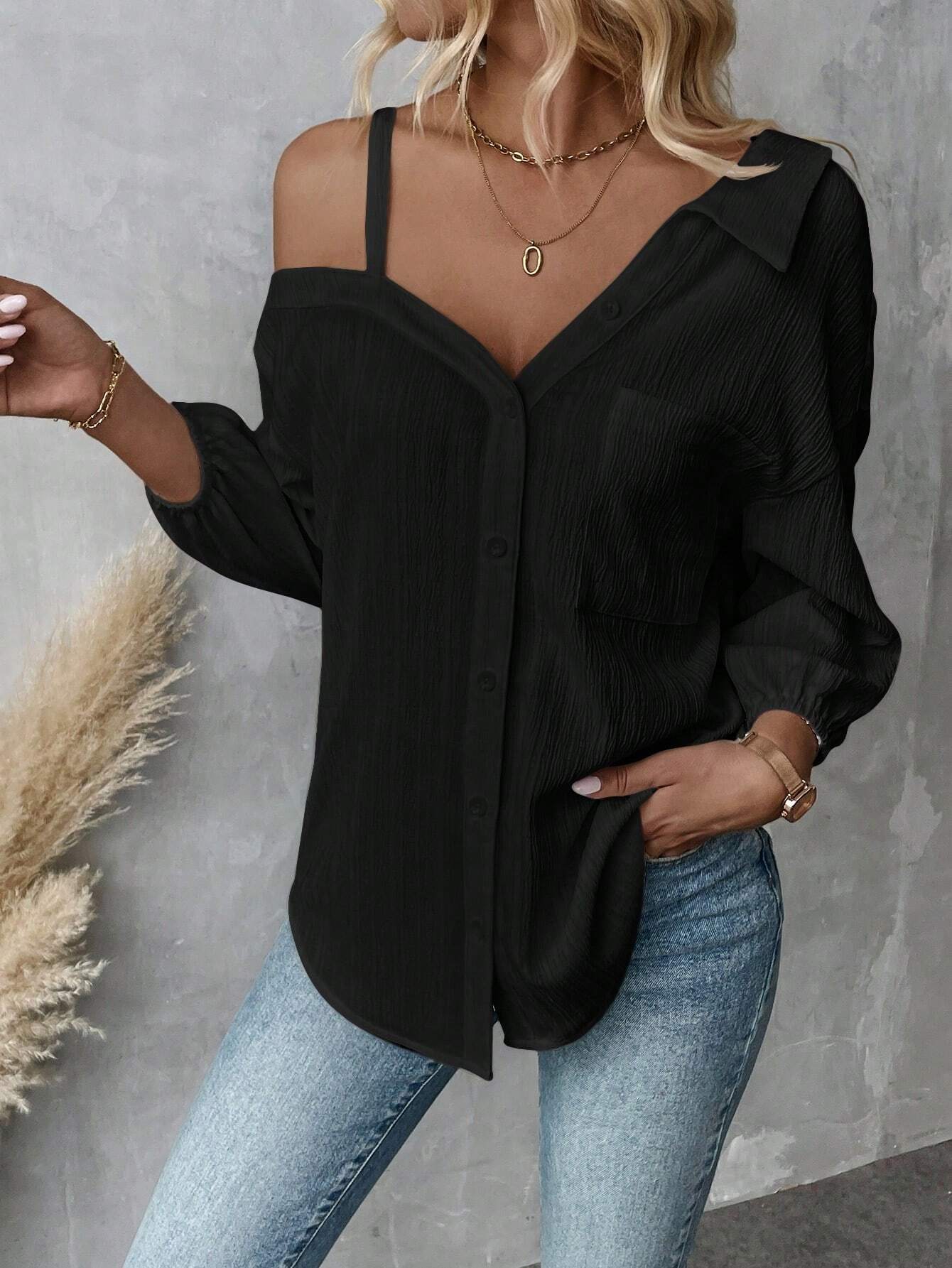 Spot 2025 spring and summer European and American independent station  lapel seven-quarter sleeve off-the-shoulder cardigan texture single-breasted casual