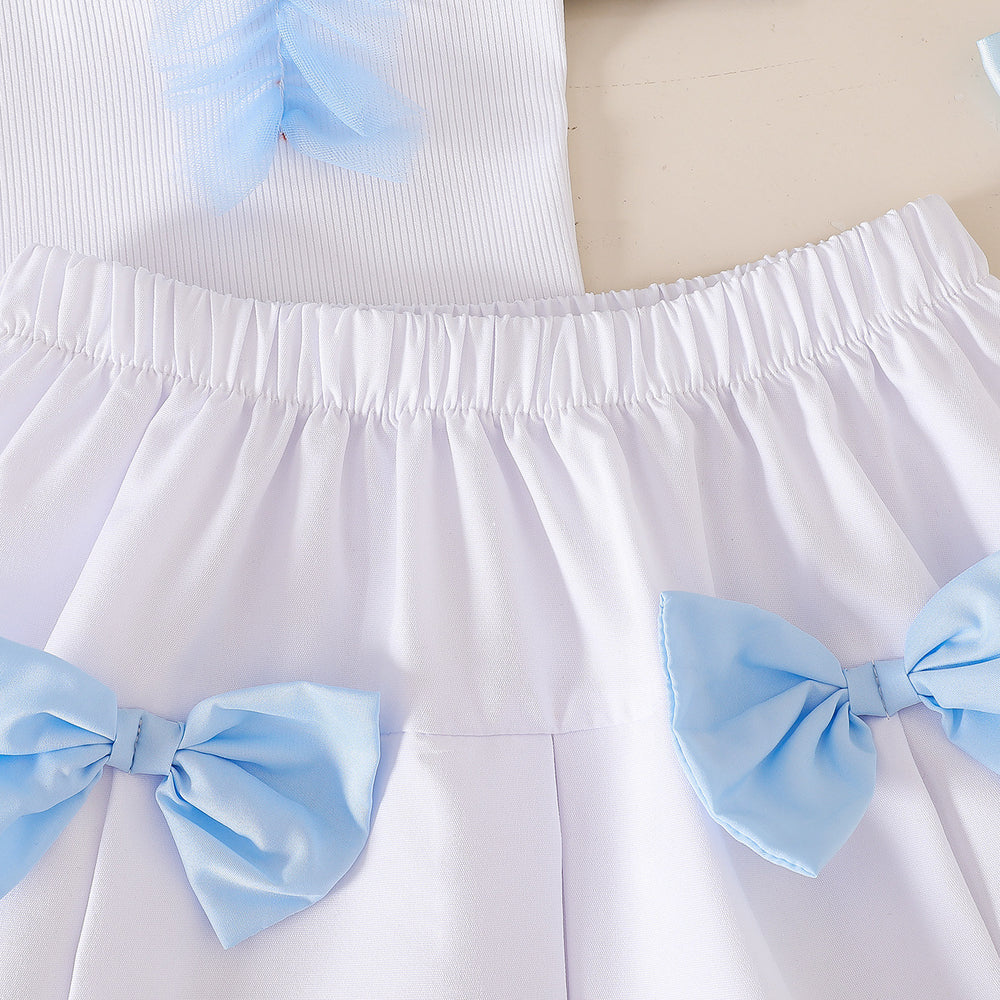 Girls' color block mesh sleeveless tank top and pleated skirt two-piece set - summer kids' 3d bowknot casual outfit