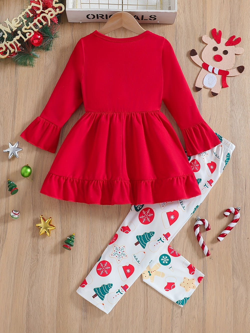 Girls' two-piece christmas outfit: red crewneck top with flared sleeves and printed skirted pants set (suitable for export)