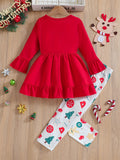 Girls' two-piece christmas outfit: red crewneck top with flared sleeves and printed skirted pants set (suitable for export)