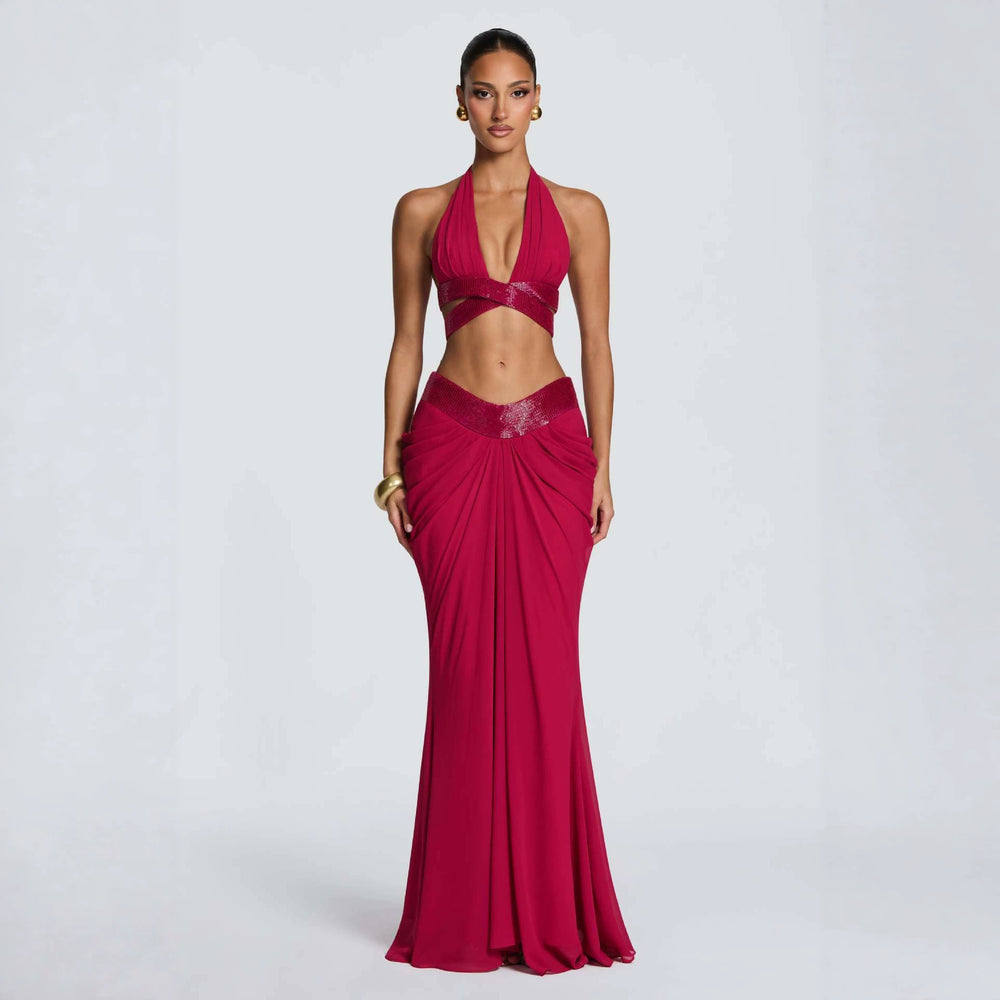 Amazon women's halter deep v sequin waistless suspender sexy back strap pleated hip skirt suit