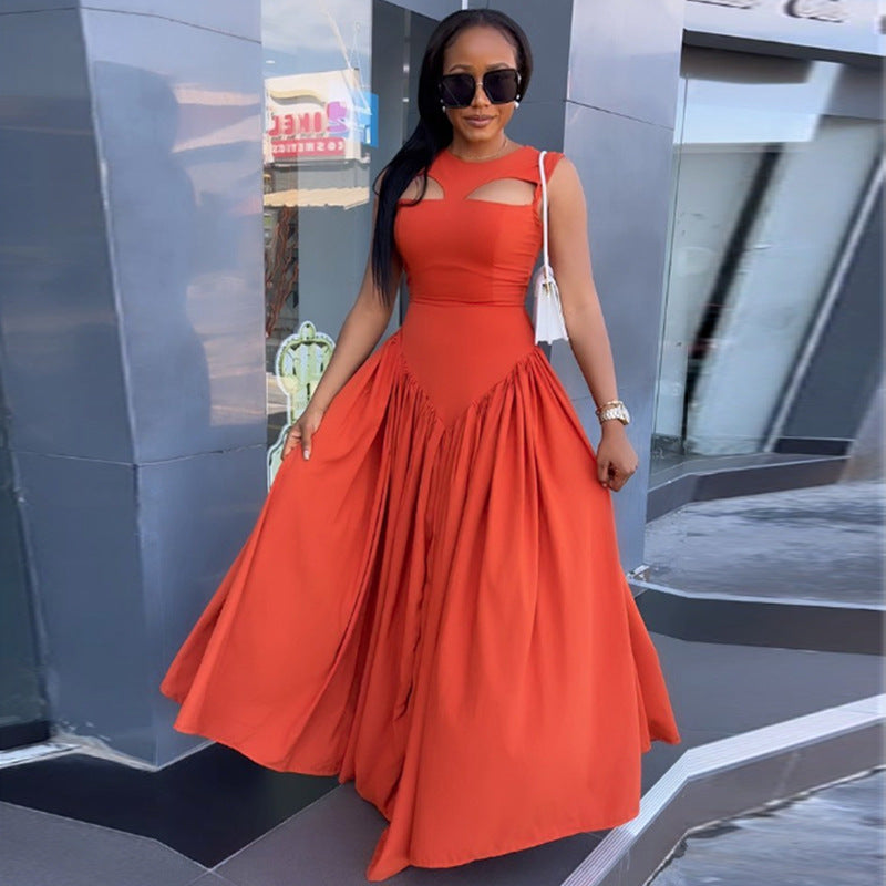 European and american cross-border women's clothing:  summer new arrival - elegant round neck, hollow-out, slim-fit, mid-length sleeveless dress