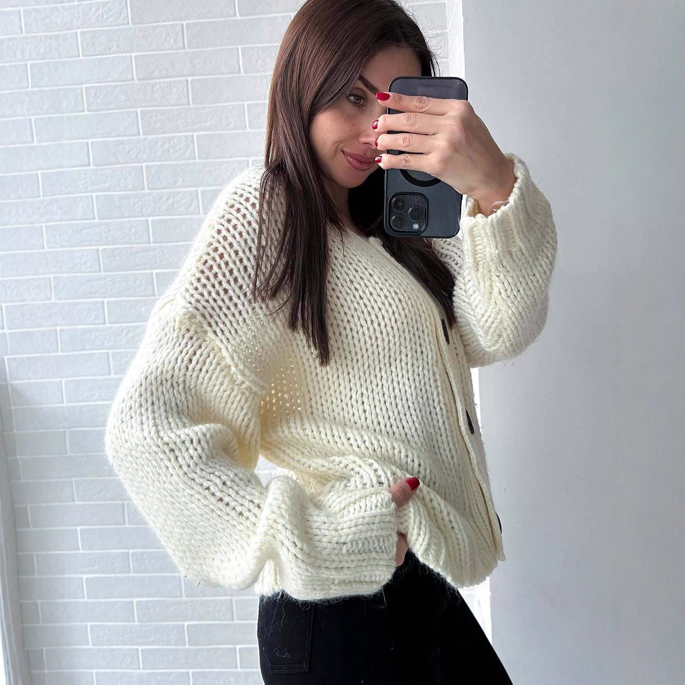 Cross-border Europe, America and 2025 new lazy style round neck single-row button loose fashion casual knitted cardigan wholesale