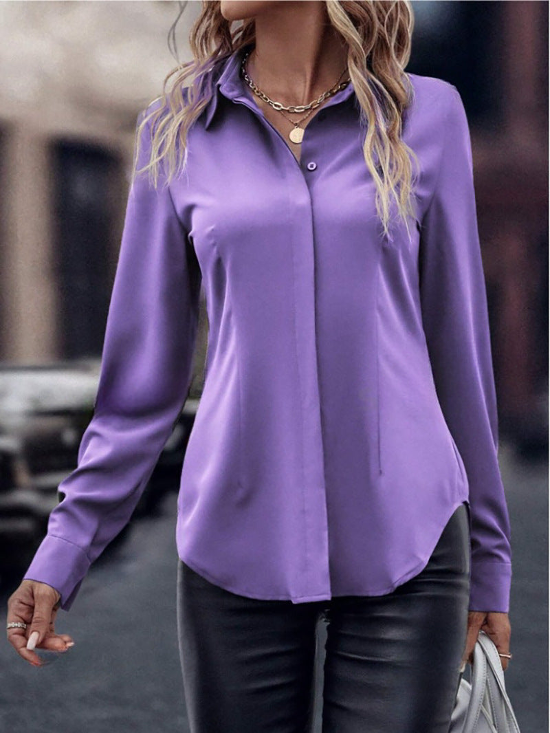 Button-down women's blouse, double-breasted satin collar long sleeve top, commuter style slim-fit cardigan, cross-border women's apparel