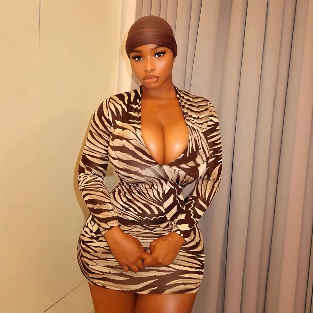 European and american cross-border women's fashion:  spring new arrival - long sleeve deep v-neck printed bodycon mini dress