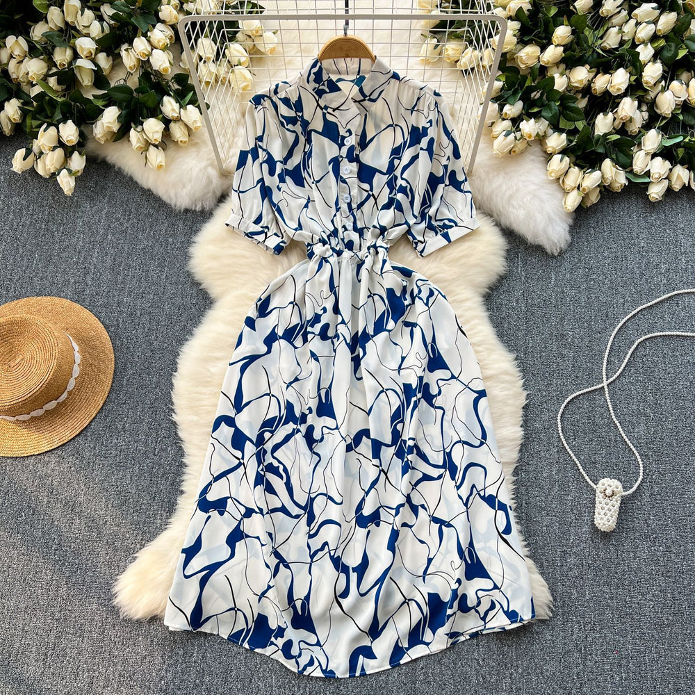 Niche stylesense of designprintingdressfemalenew arrivalsummer tie backwaist slimming lookmedium longvacation skirt