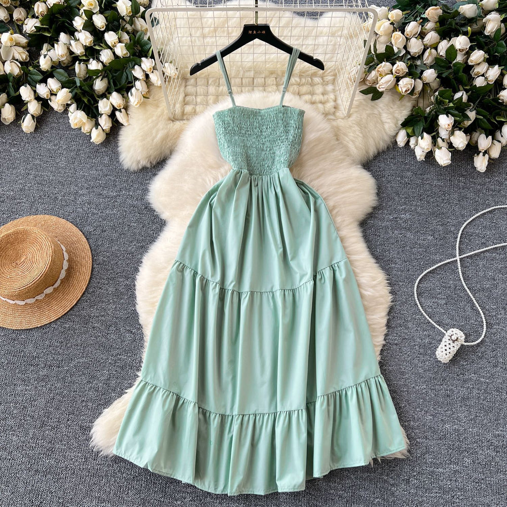 Women's slip dress - new summer  collection: elastic waist, slimming, sleeveless bandeau, ruffle hem maxi dress