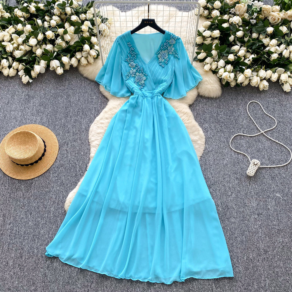 French retro chic v-neck dress - women's summer pleated, beaded, and crinkled design - mature and elegant maxi dress
