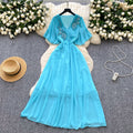 French retro chic v-neck dress - women's summer pleated, beaded, and crinkled design - mature and elegant maxi dress