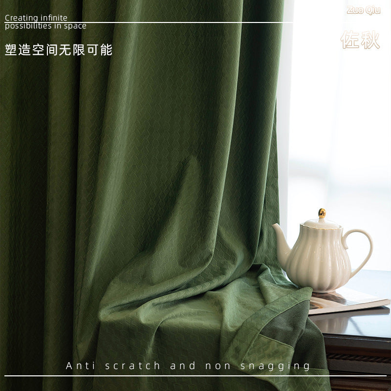 French retro green wheat ear velvet blackout curtains for living room and bedroom, thickened curtain fabric, shaoxing curtain wholesale