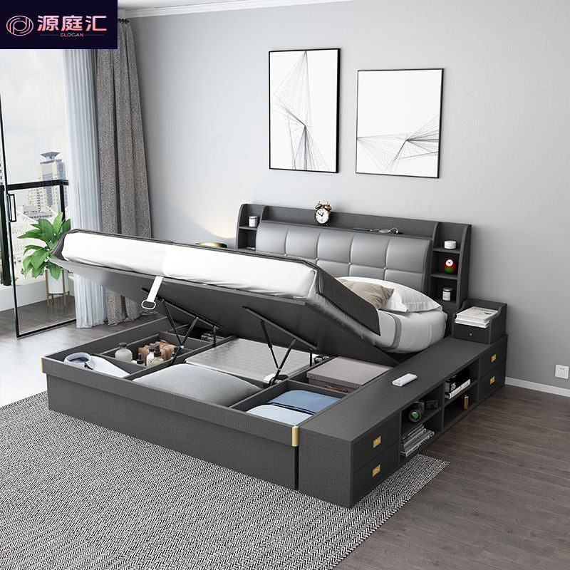 Pneumatic high box storage bed for home master bedroom small apartment storage panel modern casual double bed