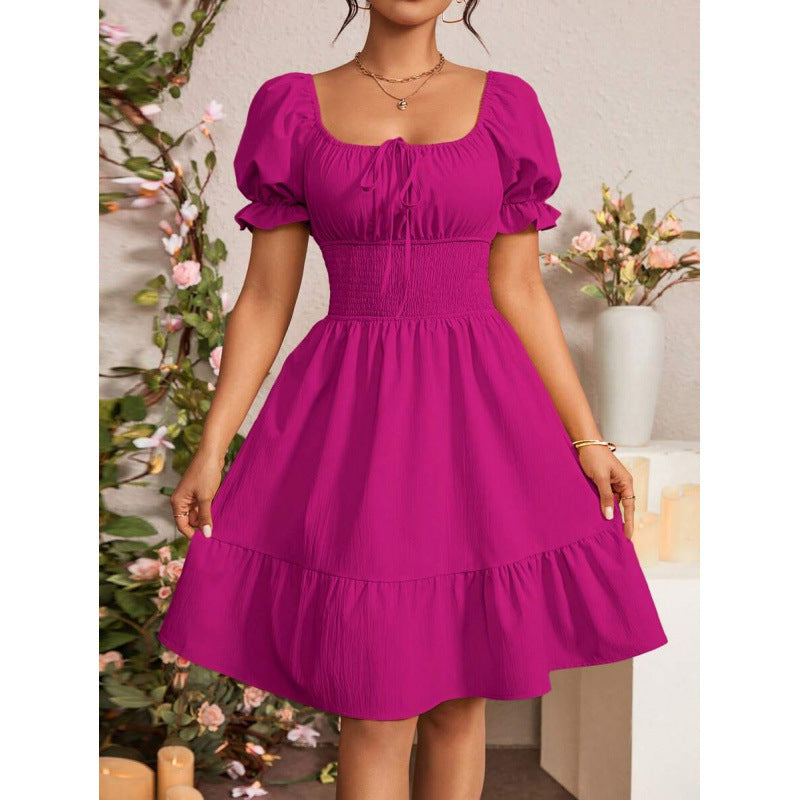 fashion  summer new arrivalelegantrufflespure color puff sleeve square neck shortdress