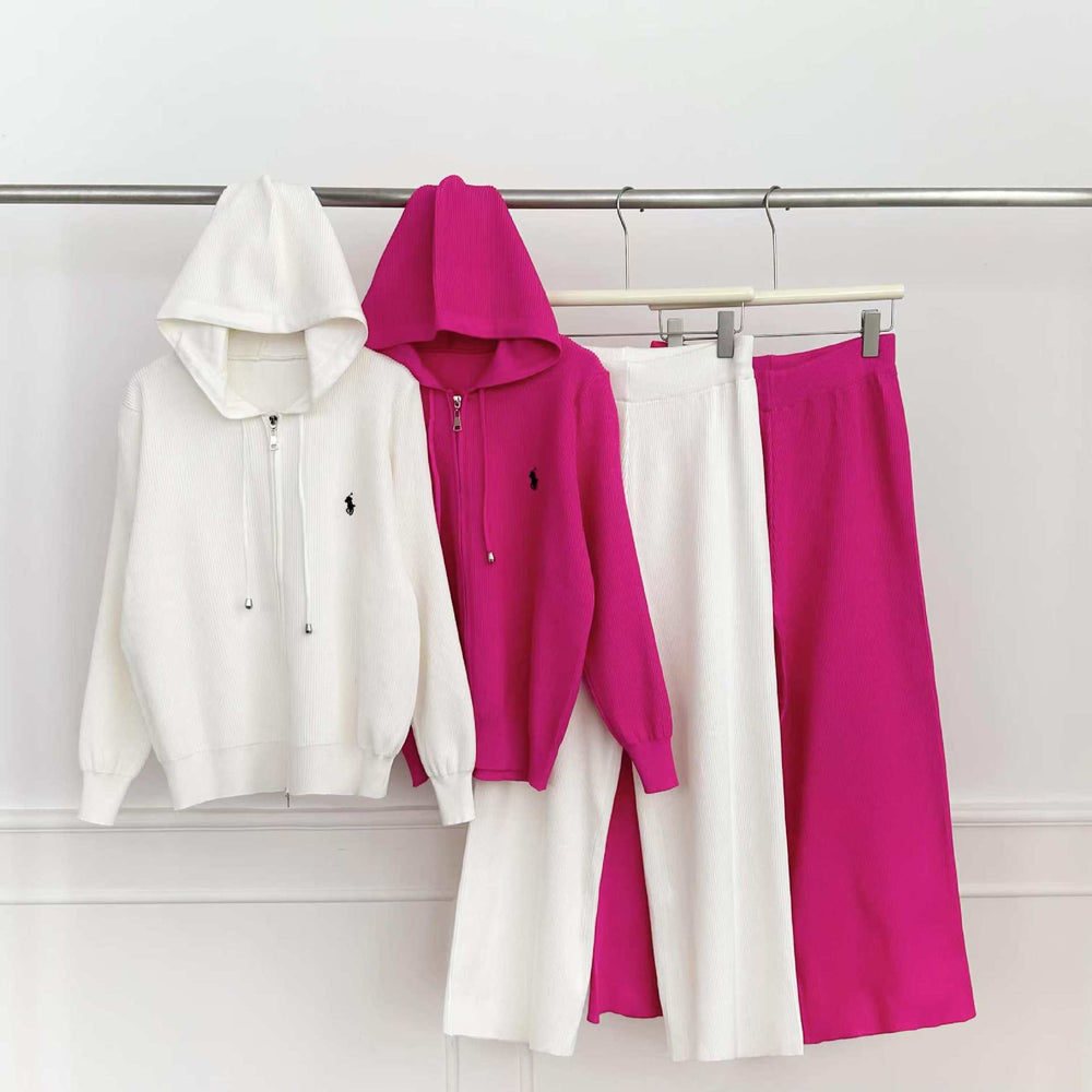 Women's casual knit set - autumn/winter versatile zip-up hoodie sweater jacket & high-waisted wide-leg pants two-piece outfit