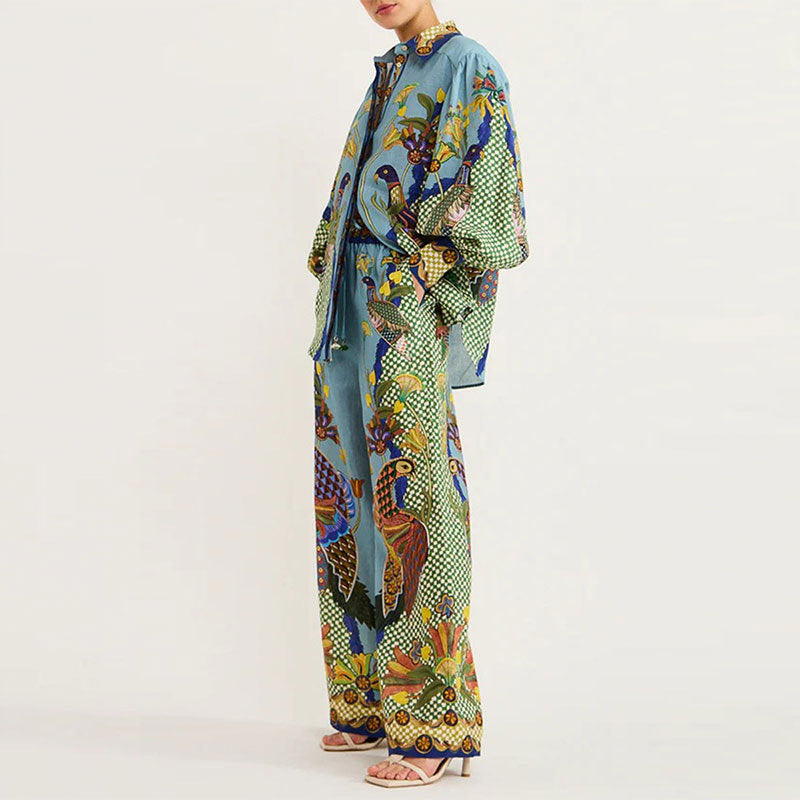 cross-border e-commerce european and american women's summer new arrivals: printed lantern sleeve wide-leg pants casual fashion set 661
