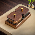 2-compartment [hammered glass] glass dish + walnut wood tray + lid