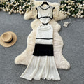 Korean style women's summer dress: soft & chic color block, flutter sleeves, cinched waist, slim fit, openwork crochet knit dress