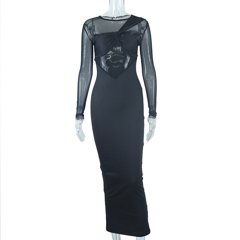 European and american women's clothing cross-border trade manufacturer  new round neck mesh panel long sleeve midi bodycon dress