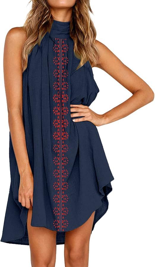 European and american cross-border women's fashion  autumn new sleeveless halter neck printed pleated asymmetrical elegant dress