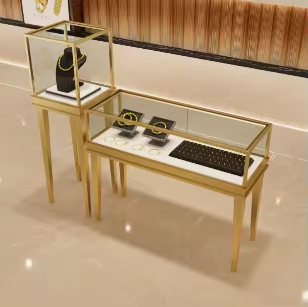 Source Factory Wood Metal LED Lights High Block Jewelry Display Cabinet Jewelry Store Commercial Display Stand Storage