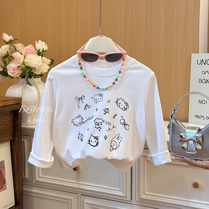 New arrivalkidsspring & fallcute lazy cartoon kitten long sleeves bottom sweatshirt baby girl casuallong sleeves t-shirt children's clothing