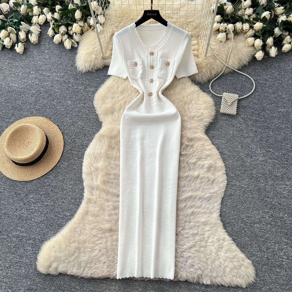 Light mature style white a-line short-sleeved dress for women summerk-style high waist waist work clothingfrench gentle style long skirt