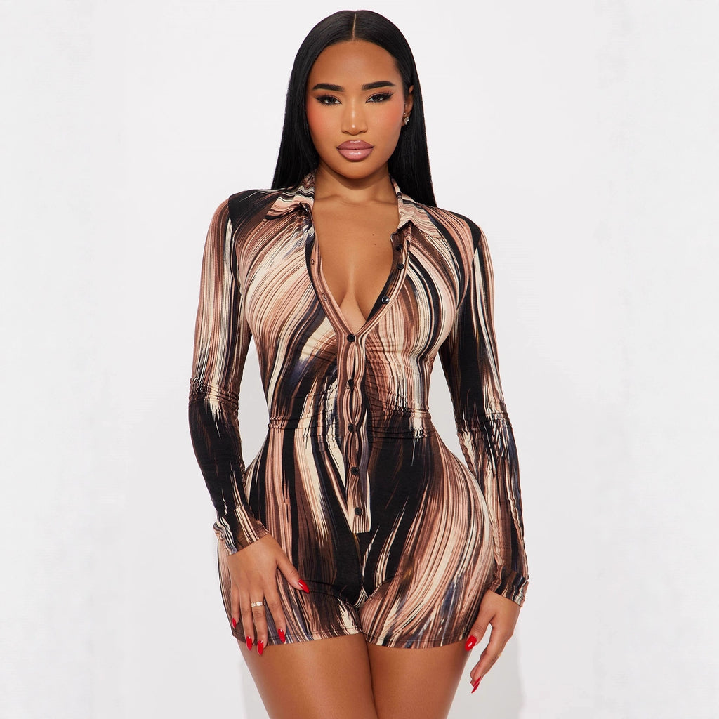 Europe, America 2025 autumn new mixed-color vertical pattern sexy slim-fit cardigan single-breasted women's onesie jumpsuit