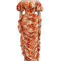European and american cross-border women's fashion:  autumn/winter new arrival - elegant off-the-shoulder printed ruffle trim slimming dress