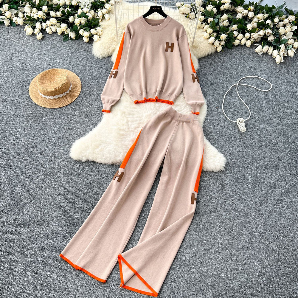 Trendy letter embroidered knit top long sleeve sweater high waist wide leg pants casual sporty two-piece set for women