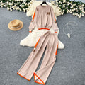 Trendy letter embroidered knit top long sleeve sweater high waist wide leg pants casual sporty two-piece set for women